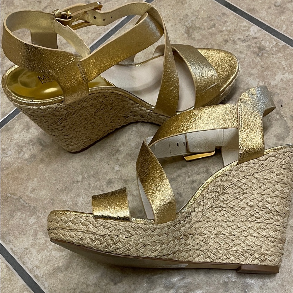 Gold MICHAEL KORS Giovanna Wedge Sandals - Metallic Leather - 40S3GVHA1M - Picture 3 of 6